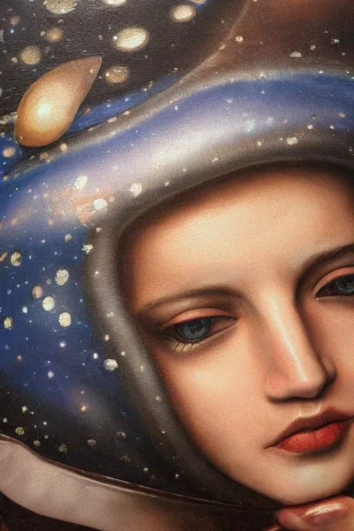 Image similar to hyperrealism oil painting, close - up portrait of face hiding in stingray medieval fashion model, knight, steel gradient mixed with nebula sky, in style of baroque mixed with 7 0 s book art