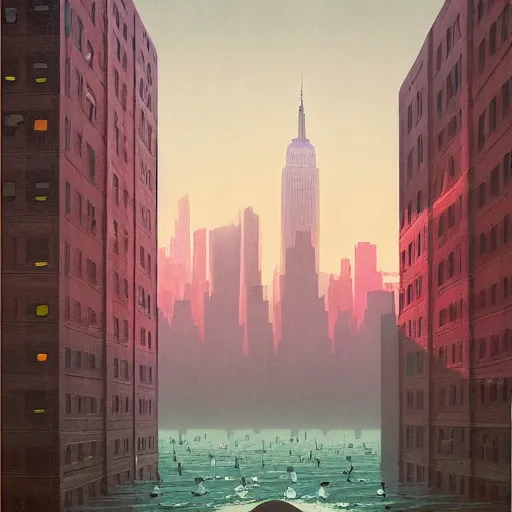 Prompt: New York under water by Simon Stålenhag and Grant Wood