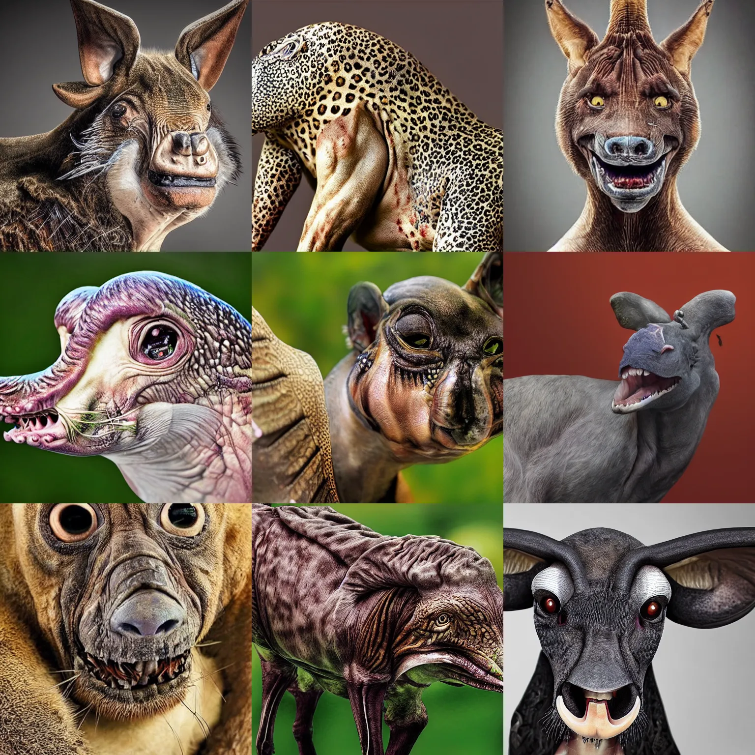 Prompt: the most bizarre hybrid animals, photorealism, accurate, highly detailed, candid photography