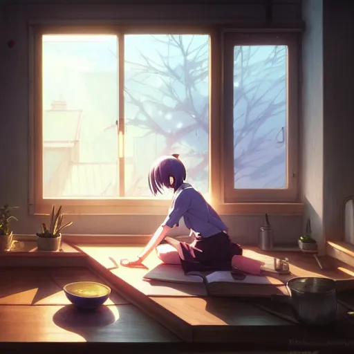 Image similar to interior background art, bright window lit kitchen, morning, food on the stove, wooden floors, houseplants, cottage decor, gapmoe yandere grimdark, trending on pixiv fanbox, painted by greg rutkowski makoto shinkai takashi takeuchi studio ghibli, akihiko yoshida