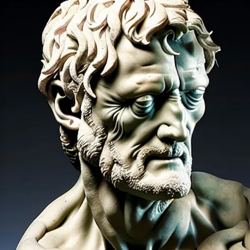 Image similar to a sculpture by michelangelo with the likeness of rutger hauer