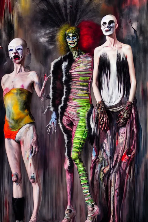 Image similar to crazy fashion catwalk, freak show, one model, crazy clothes, biopunk style, horror, hauntingly surreal, highly detailed painting by francis bacon, edward hopper, adrian ghenie, gerhard richter, and james jean soft light 4 k