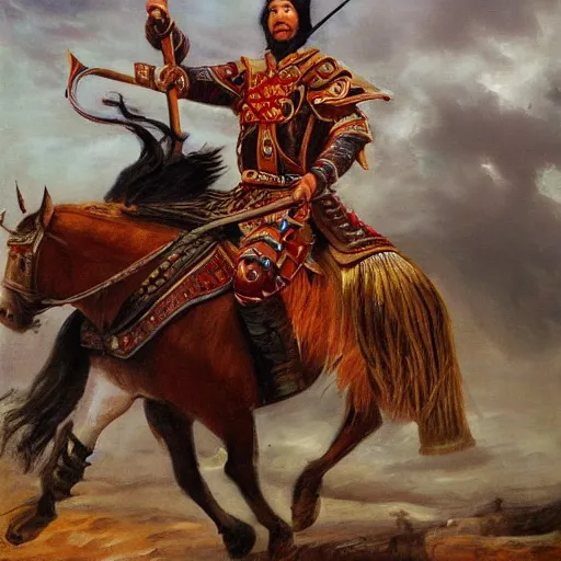 Image similar to Joe Biden as an ancient Mongolian warrior riding on horseback into battle, masterpiece oil painting, dynamic shot