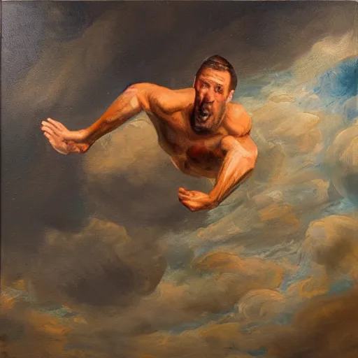 Image similar to expressive oil painting of a man falling form the sky with clouds, view from top looking down,