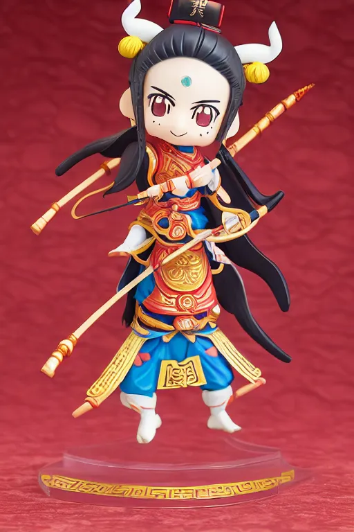 Image similar to arty chinese mythology ne zha nendoroid full body hyperdetalied, hero action pose, osamu tezuka, macoto takahashi, chibi, q posket, 8 k realistic, 3 d, cryengine, exquisite, red cloth around his shoulders, hold spear, ne zha ( 2 0 1 9 ), fenghua zhong,