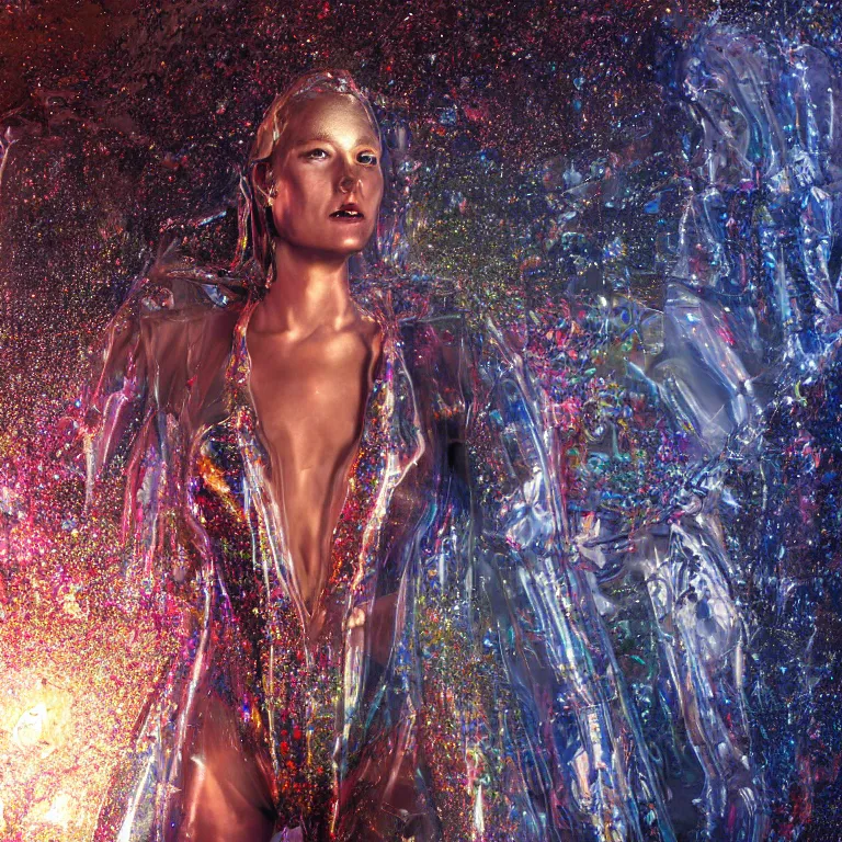 Image similar to octane render portrait by wayne barlow and carlo crivelli and glenn fabry, a woman wearing a giant inflated clear plastic suit full of colorful thick fluid containing glitter, inside an underground soviet dance club, fog and atmospheric lighting, cinema 4 d, ray traced lighting, very short depth of field, bokeh