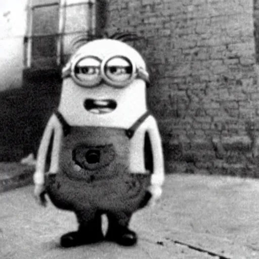 Image similar to A high quality black and white photo of the world's most infamous, serial killer, a minion named Minion the Ripper, shortly after claiming his last victim circa 1892.