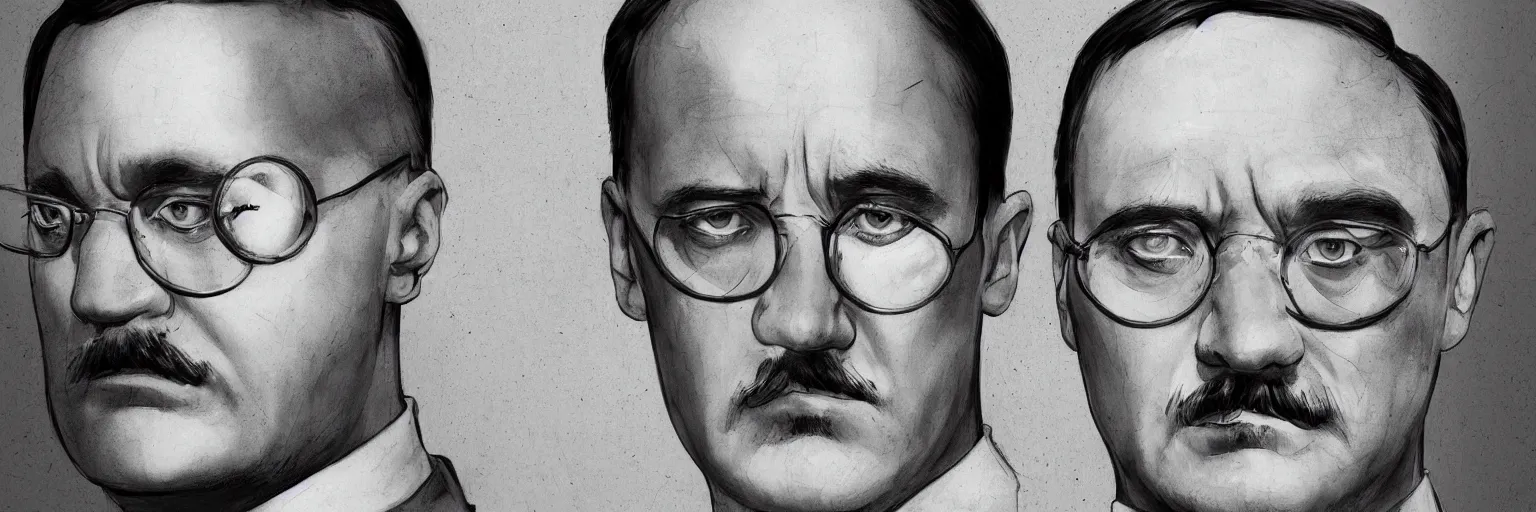 Prompt: character study of mike patton and hitler, modern clothing, white shirt, clear, evil, glasses, character sheet, fine details, concept design, contrast, kim jung gi, da vinci and pixar, trending on artstation, 8 k, full body and head, turnaround, front view, back view, ultra wide angle