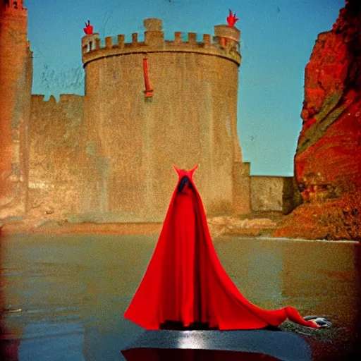 Image similar to by bruce davidson, by andrew boog faithfull redscale photography evocative. a beautiful kinetic sculpture of a horned, red - eyed, skeleton - like creature, with a long black cape, & a staff with a snake wrapped around it, standing in front of a castle atop a cliff.