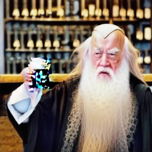 Image similar to Dumbledore sips coffee at Starbucks