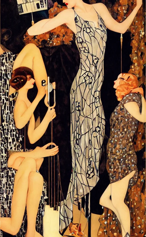 Image similar to an oil painting of jazz age high society life, 1920s style, dressed in 1920s fashion, smooth, highly detailed, high contrast, by Klimt, Coles Phillips, Dean Cornwell, JC Leyendecker, 8K