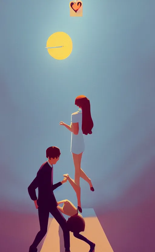 Image similar to young love, surreal illustration, by atey ghailan and escher and edward hopper