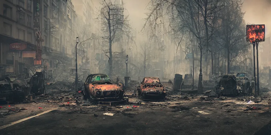 Image similar to post - apocalyptic kreuzberg streets covered in colorful smoke, burned cars, explosions, hyperrealistic, gritty, damaged, dark, urban photography, photorealistic, high details