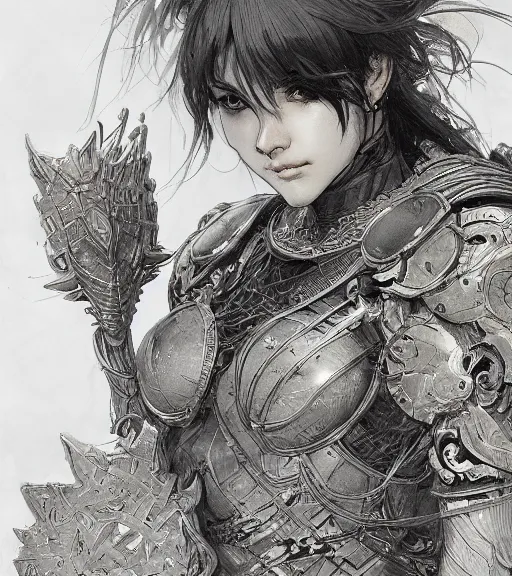 Image similar to portrait of anime woman in armor, pen and ink, intricate line drawings, by craig mullins, ruan jia, kentaro miura, greg rutkowski, loundraw