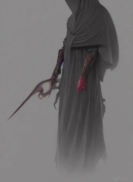 Image similar to concept art of a character with a black robe, glowing eye, digital art, trending on artstation, wayne barlowe and zdzislaw beksinski