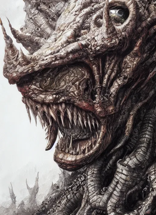 Image similar to close up portrait of a monster in the mountains of hell, oil painting by tomasz jedruszek, cinematic lighting, pen and ink, intricate line, hd, 4 k, million of likes, trending on artstation