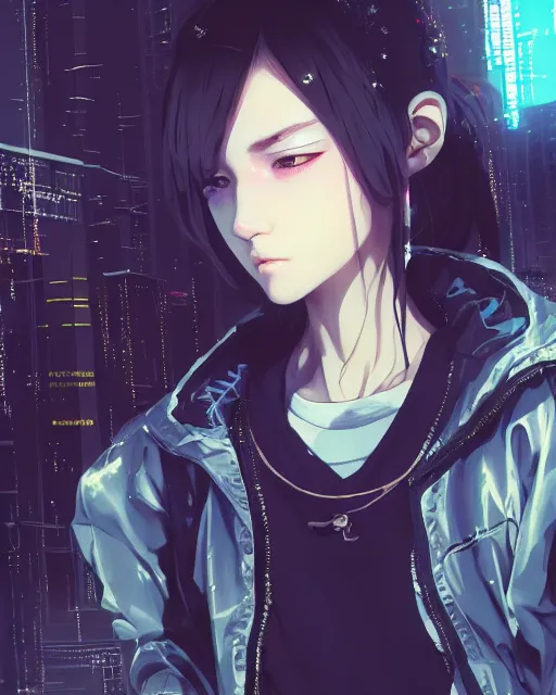 Image similar to kyoto animation, cool girl wearing cyberpunk intricate streetwear, beautiful, detailed portrait, cell shaded, 4 k, concept art, by wlop, ilya kuvshinov, artgerm, krenz cushart, greg rutkowski, pixiv. cinematic dramatic atmosphere, sharp focus, volumetric lighting, cinematic lighting, studio quality