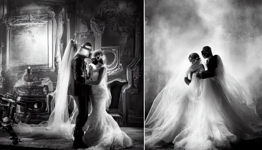 Image similar to disturbing big budget hollywood movie bride and groom wearing gas masks at the marriage of reason and squalor perfect composition dramatic lighting chiaroscuro