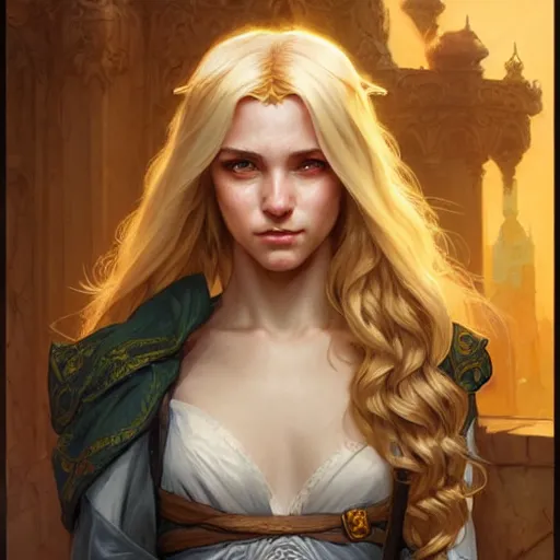 Prompt: an epic fantasy comic book style portrait painting of a young blonde girl thief, d & d, fantasy, joyful smirk, intricate, elegant, highly detailed, digital painting, artstation, concept art, matte, sharp focus, illustration, art by artgerm and greg rutkowski and alphonse mucha, 8 k