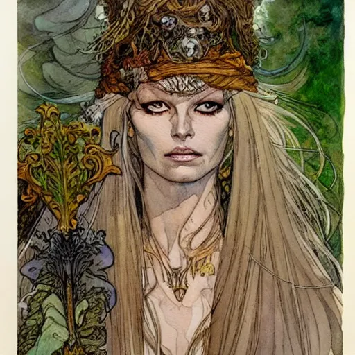 Image similar to a realistic and atmospheric watercolour fantasy character concept art portrait of brigitte bardot as a druidic warrior wizard looking at the camera with an intelligent gaze by rebecca guay, michael kaluta, charles vess and jean moebius giraud