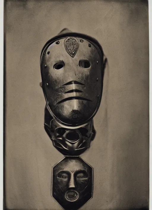 Image similar to photo portrait of 19 century male wearing brutal shiny metal face mask with fine detail engravings and runes cultist lord rich baron by Diane Arbus and Louis Daguerre