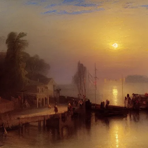 Prompt: a beautiful boat dock in a seaside fishing village, painting by asher brown durand, j. m. w turner, jasper cropsey, atmospheric, sunset, magic hour, concept art, artstation