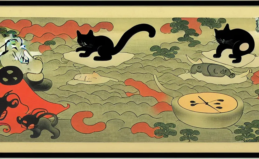 Image similar to business dashboard with time series charts, pie plots and other modern graphics, with small creatures swimming on it. diego rivera ( in ukiyo - e style ). ravi supa. cat