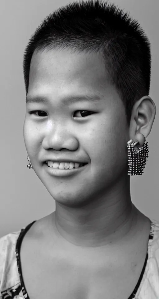 Prompt: close up portrait of a teenage chubby filipino with crooked teeth and a perm, shaved sides of head, curly on top, small studded earings