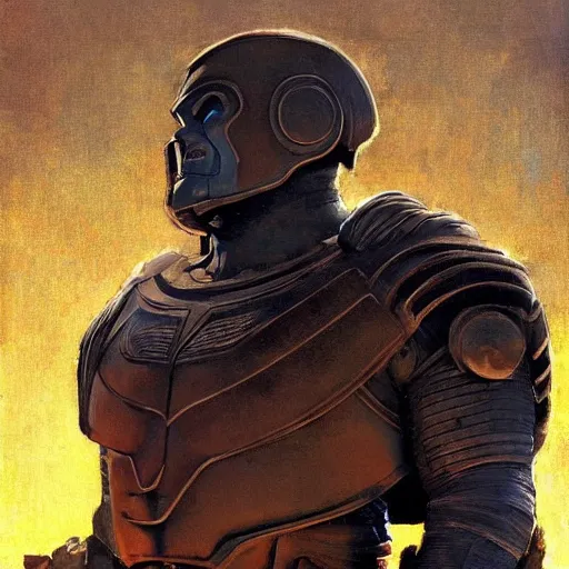 Image similar to style : norman rockwell. composition : close shot. style : digital art ; detailed ; dreamlike ; 4 k. scenery : a coliseum with lots of people in the stands. subject : darkseid, wearing full body armor.