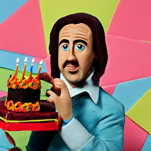 Image similar to nicholas cage holding a birthday cake in the style of 1 9 7 0 s bbc stop motion, oliver postgate