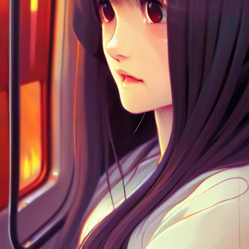 Prompt: a beautiful girl with long dark hair, sitting alone inside of a train, sharp focus, intricate, digital painting, artstation, official media, anime key visual, highly detailed, rich vivid colors, ambient lighting, illustration, art by Artgerm, Makoto Shinkai, Ilya Kuvshinov, Lois Van Baarle, and Rossdraws