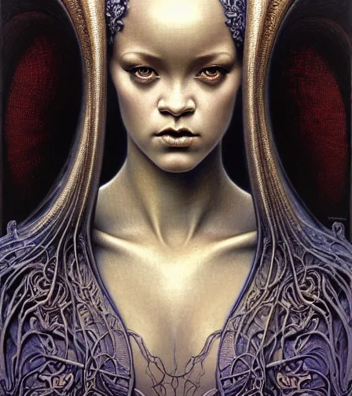 Image similar to detailed realistic beautiful young medieval alien robot rihanna face portrait by jean delville, gustave dore and marco mazzoni, art nouveau, symbolist, visionary, gothic, pre - raphaelite. horizontal symmetry by zdzisław beksinski, iris van herpen, raymond swanland and alphonse mucha. highly detailed, hyper - real, beautiful, fractal baroque