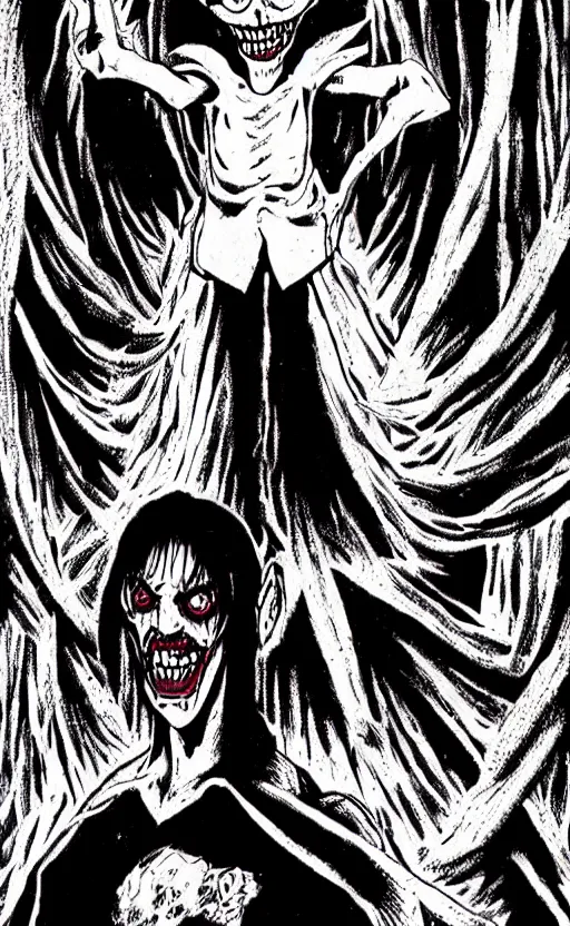 Image similar to full body portrait of villainous jester, dark, twisted, manga, comic, by junji ito. twisted. horror.