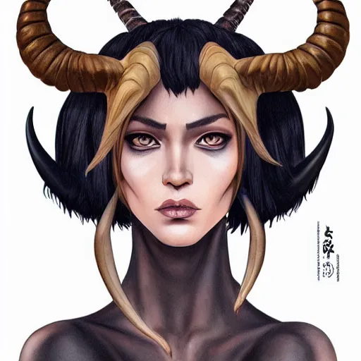 Image similar to illustrated realistic portrait of ram-horned devil woman with blue bob hairstyle and her tan colored skin and with solid black eyes wearing leather by rossdraws