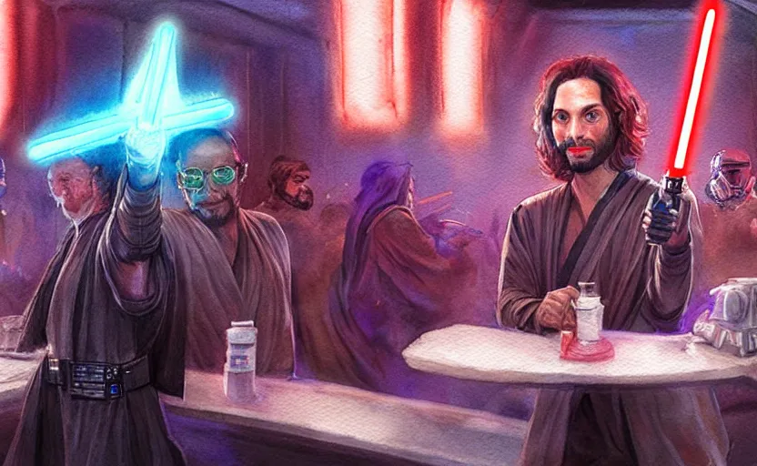 Image similar to a realistic star wars watercolor fantasy concept art of a drug dealer that looks like chris d'elia in a sleazy futuristic bar of coruscant, hq, 4 k