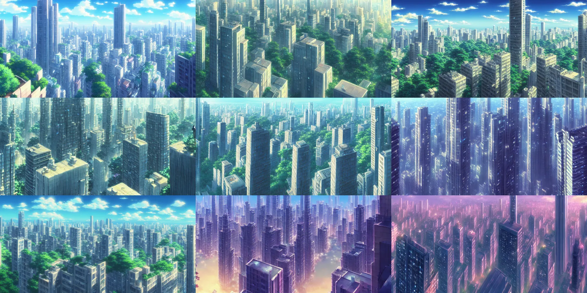 Prompt: a beautiful illustration of a city and highrise buildings, a detailed matte painting from the makoto shinkai anime film kimi no ka wa, official art, cinematic view, HD wallpaper, studio ghibli