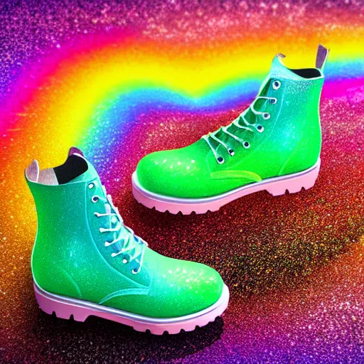 Prompt: hyperrealistic photo of rainbow combat boots made out of glitter, unicorn tears, and stardust, single object on black ground, high resolution, 8 k,