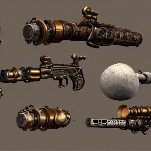 Image similar to steampunk style weapons, concept art, octane render