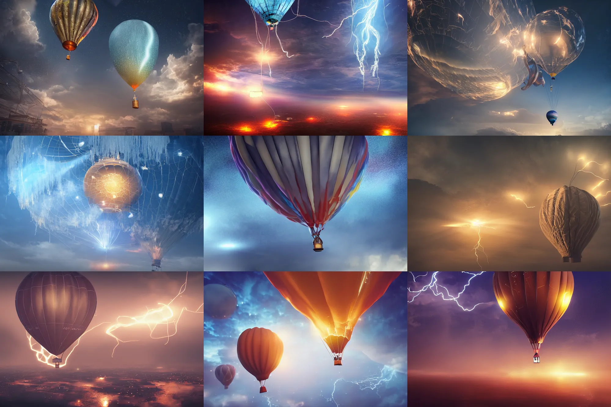 Prompt: celestial hotair balloon, lightning, intricate detail, volumetric lighting, epic composition, hyper detailed, ultra realistic, sharp focus, octane render, candle ray tracing, sense of awe, swirling mist, 4 k