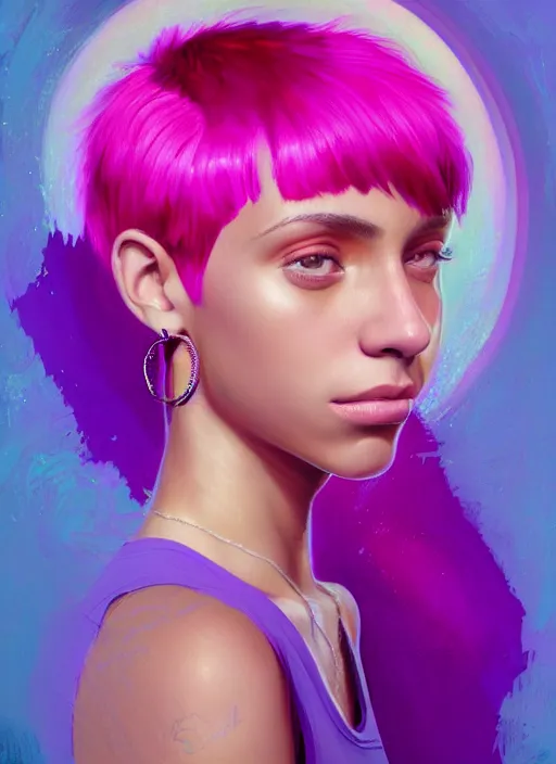 Image similar to portrait of teenage vanessa morgan with bright pink hair, curly pixie cut hair, wearing a purple breton cap, breton cap, hoop earrings, intricate, elegant, glowing lights, highly detailed, digital painting, artstation, concept art, smooth, sharp focus, illustration, art by wlop, mars ravelo and greg rutkowski