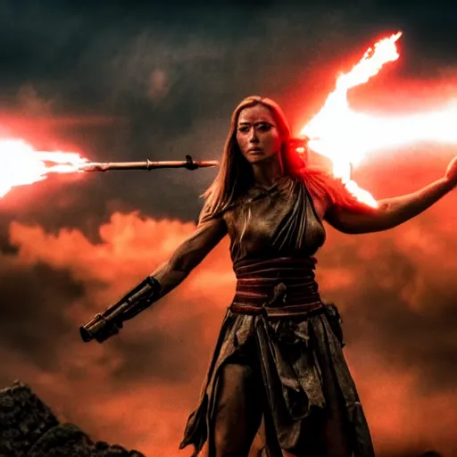 Prompt: a photograph of the goddess of war in the battlefield, action movie, movie still, cinematic, filmic, dramatic, dramatic lighting