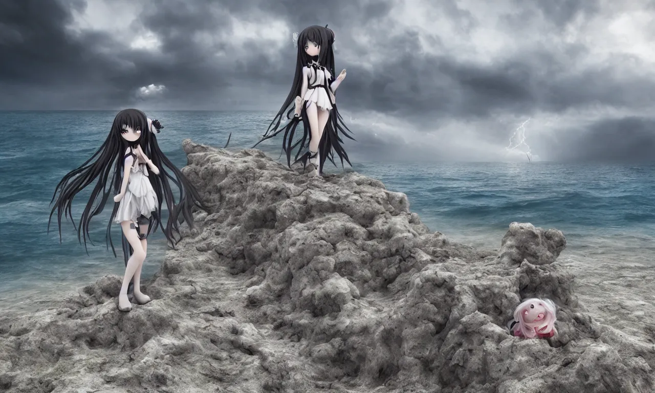 Image similar to cute fumo plush girl enigmatic gothic maiden anime girl on an abandoned island surrounded by the sea, marine beach seascape, storm clouds in the distance, vignette, vray