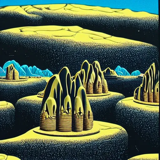 Image similar to alien planet landscape with bizarre buildings and Lifeforms. Jeffrey Smith, Stanley Donwood