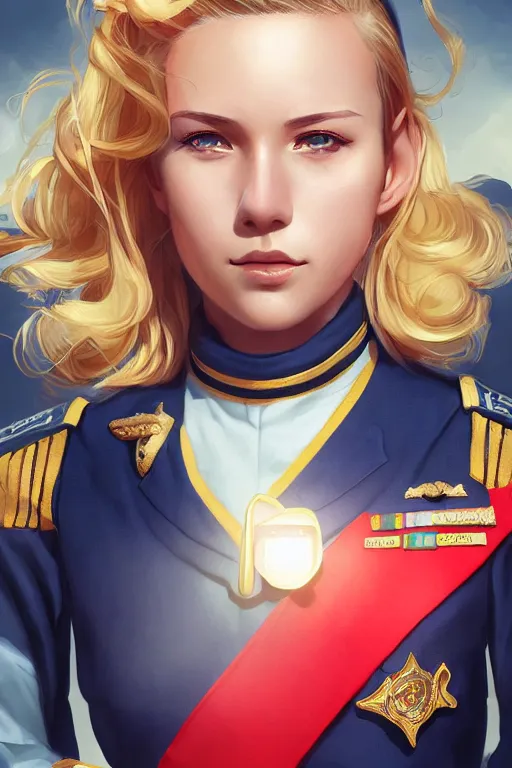 Image similar to beautiful portrait of a female officer wearing a fancy naval uniform, art by wlop and artgerm, science fiction, detailed eyes, blonde hair, space background, trending on artstation, sharp focus, illustration, caustics, octane render, 4 k, radiant light