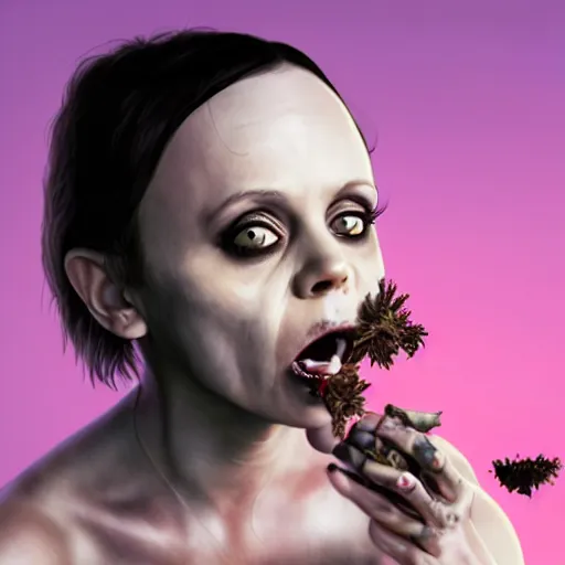 Prompt: zombie christina ricci eating a clove of garlic, art by beeple