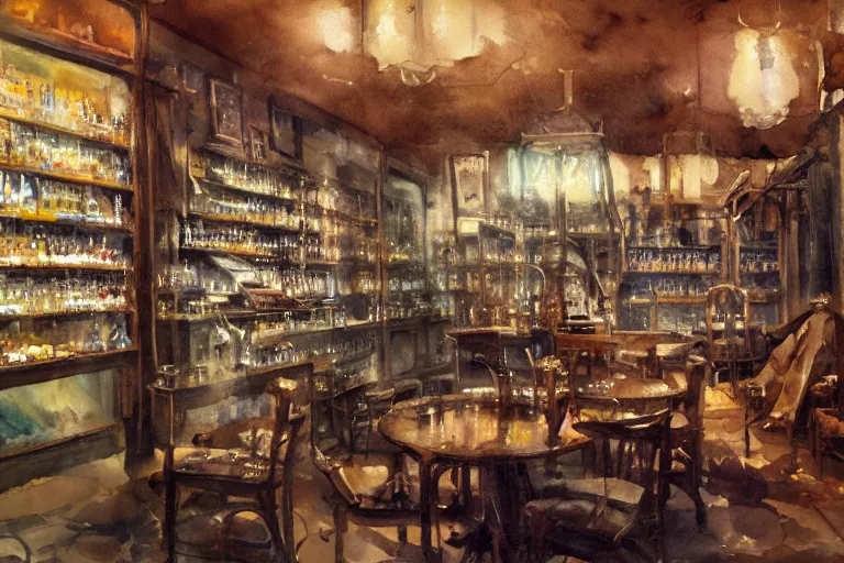 Prompt: paint brush strokes, abstract watercolor painting of medieval pharmacy, western saloon, transparent glass bottles, reflective copper, cinematic light, american romanticism by hans dahl, by jesper ejsing, by anders zorn, by greg rutkowski, by greg manchess, by tyler edlin