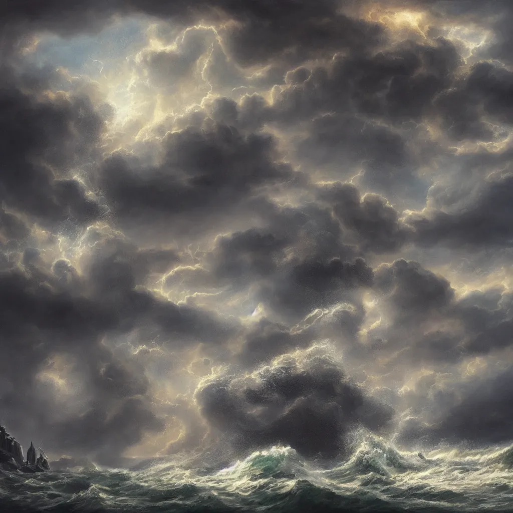 Image similar to a fantasy book style portrait of a giant dragon, stormy sea, giant waves, lightning, small boat, oil painting, 4 k