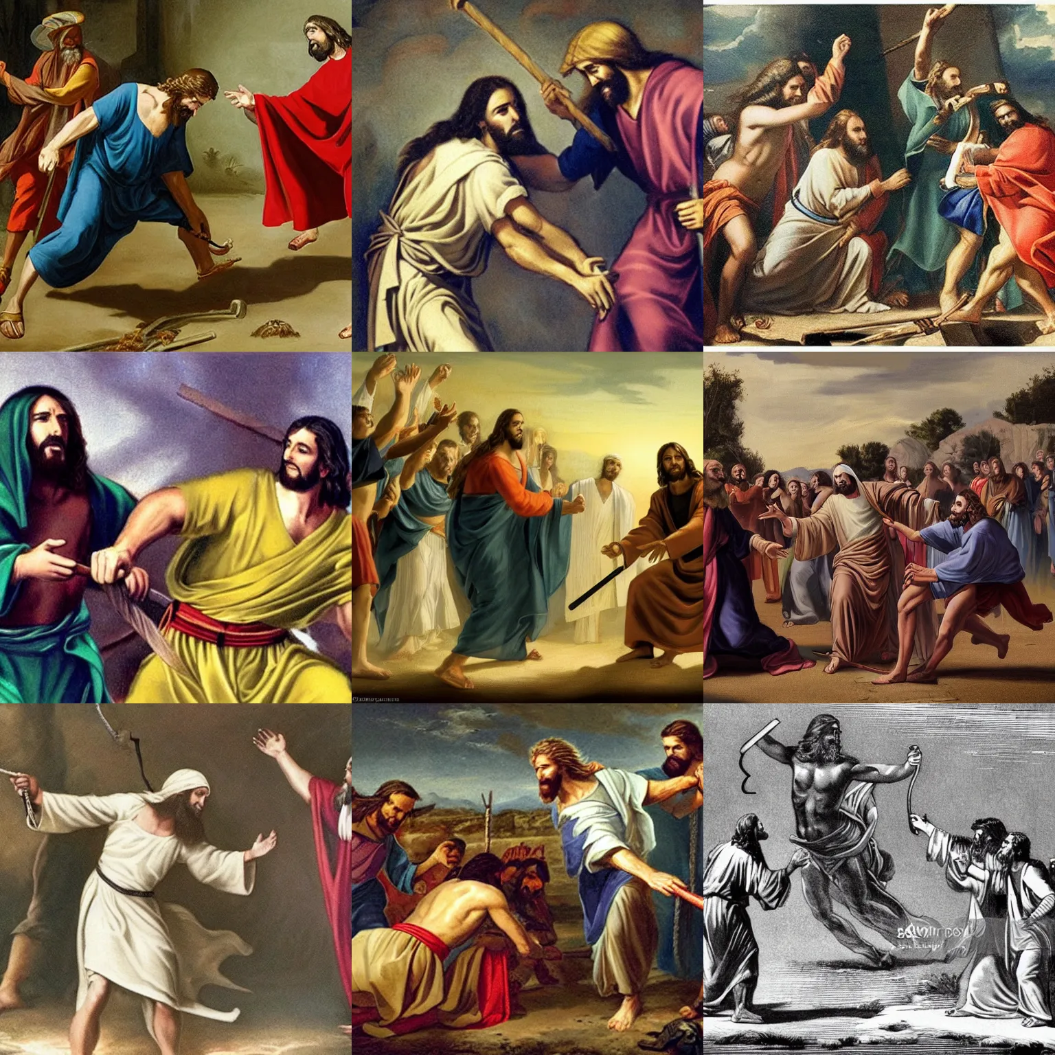 Prompt: jesus beating donald trump with a whip, photo