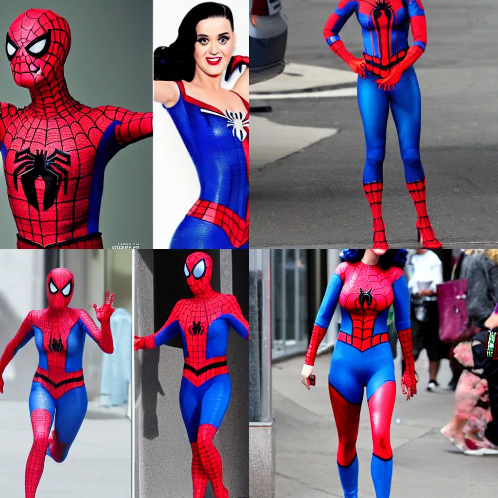 Prompt: katy perry cosplaying as spiderman