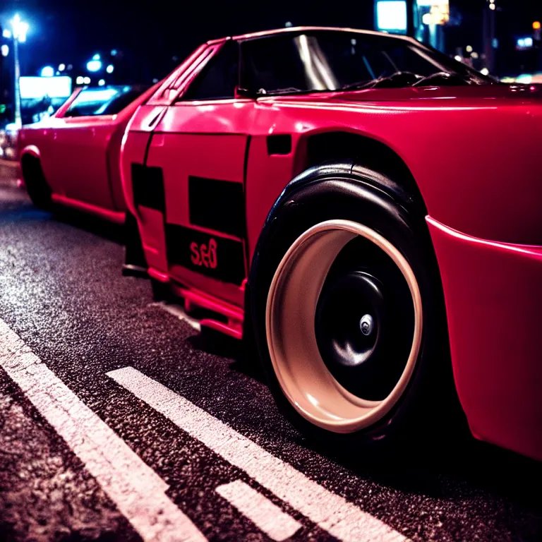 Prompt: close-up-photo Nissan S30 turbo illegal roadside night meet, work-wheels, Shibuya shibuya, cinematic color, photorealistic, deep dish wheels, highly detailed night photography